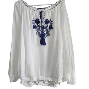 Valerie Stevens White Navy Floral Embroidered Peasant Blouse Tassel Tie 3X Boho